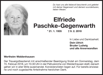 Traueranzeige von Elfriede Paschke-Gegenwarth von Fränkische Nachrichten