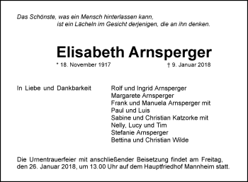 Traueranzeige von Elisabeth Arnsperger von Mannheimer Morgen / Schwetzinger Zeitung
