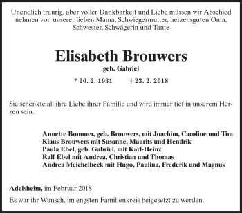 Traueranzeige von Elisabeth Brouwers von Fränkische Nachrichten