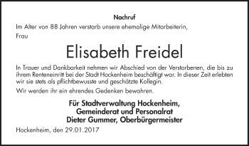 Traueranzeige von Elisabeth Freidel von Mannheimer Morgen / Schwetzinger Zeitung