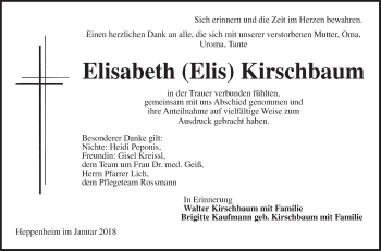 Traueranzeige von Elisabeth Kirschbaum von Bergsträßer Anzeiger