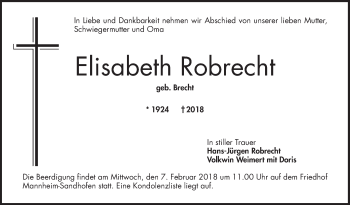 Traueranzeige von Elisabeth Robrecht von Mannheimer Morgen / Schwetzinger Zeitung