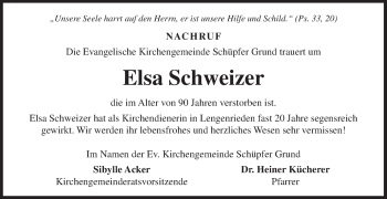 Traueranzeige von Elsa Schweizer von Fränkische Nachrichten