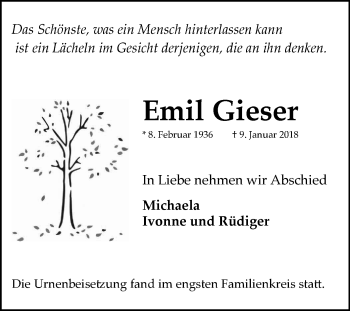 Traueranzeige von Emil Gieser von Mannheimer Morgen / Schwetzinger Zeitung