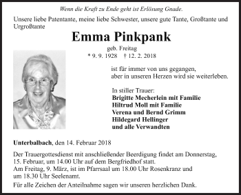 Traueranzeige von Emma Pinkpank von Fränkische Nachrichten