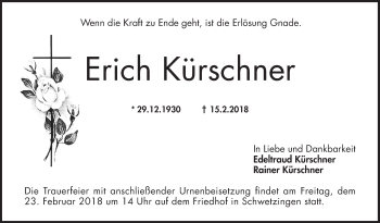 Traueranzeige von Erich Kürschner von Schwetzinger Zeitung