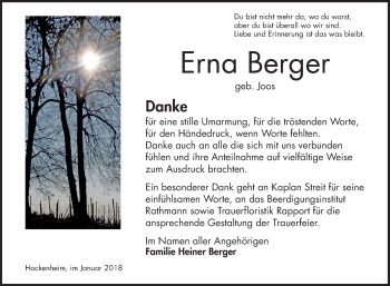 Traueranzeige von Erna Berger von Mannheimer Morgen / Schwetzinger Zeitung