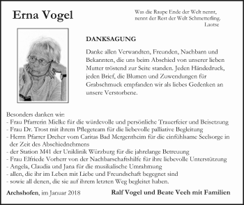 Traueranzeige von Erna Vogel von Fränkische Nachrichten