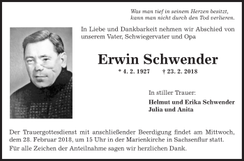 Traueranzeige von Erwin Schwender von Fränkische Nachrichten