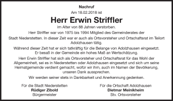 Traueranzeige von Erwin Striffler von Fränkische Nachrichten