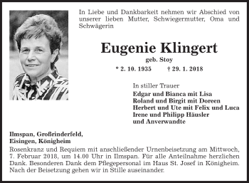 Traueranzeige von Eugenie Klingert von Fränkische Nachrichten