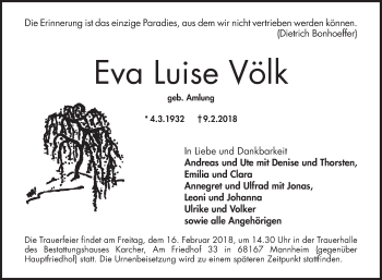 Traueranzeige von Eva Luise Völk von Mannheimer Morgen