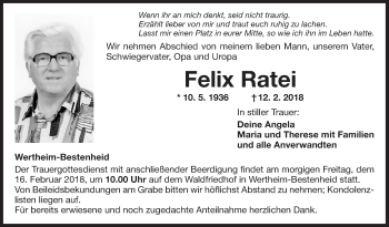 Traueranzeige von Felix Ratei von Fränkische Nachrichten