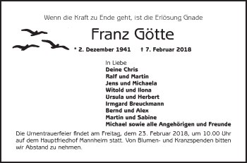 Traueranzeige von Franz Götte von Mannheimer Morgen