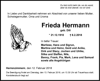 Traueranzeige von Frieda Hermann von Fränkische Nachrichten