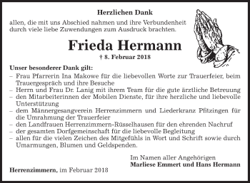 Traueranzeige von Frieda Hermann von Fränkische Nachrichten