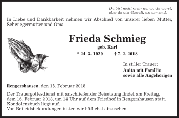 Traueranzeige von Frieda Schmieg von Fränkische Nachrichten