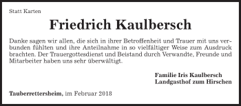 Traueranzeige von Friedrich Kaulbersch von Fränkische Nachrichten