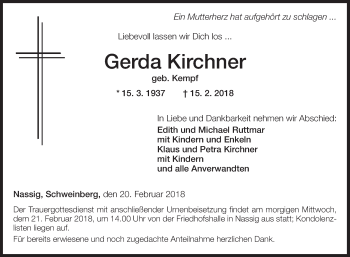 Traueranzeige von Gerda Kirchner von Fränkische Nachrichten