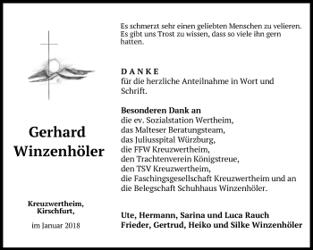 Traueranzeige von Gerhard Winzenhöler von Fränkische Nachrichten