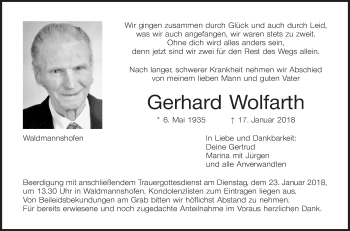 Traueranzeige von Gerhard Wolfarth von Fränkische Nachrichten