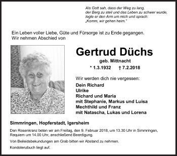 Traueranzeige von Gertrud Düchs von Fränkische Nachrichten