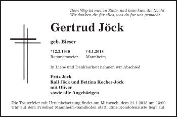 Traueranzeige von Gertrud Jöck von Mannheimer Morgen / Schwetzinger Zeitung