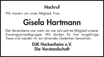 Traueranzeige von Gisela Hartmann von Schwetzinger Zeitung