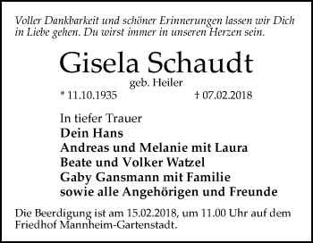 Traueranzeige von Gisela Schaudt von Mannheimer Morgen