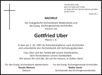 Traueranzeige von Gottfried Uber von Fränkische Nachrichten