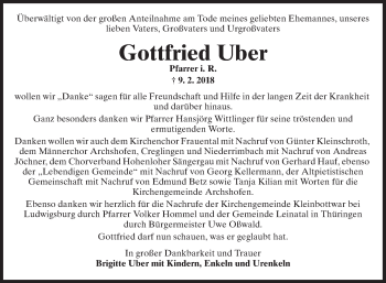 Traueranzeige von Gottfried Uber von Fränkische Nachrichten