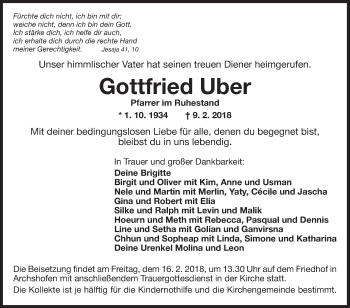 Traueranzeige von Gottfried Uber von Fränkische Nachrichten