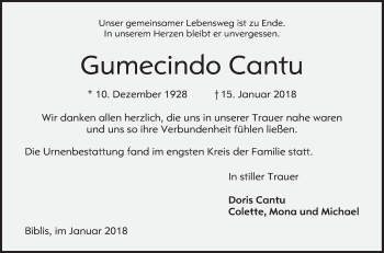 Traueranzeige von Gumecindo Cantu von Bergsträßer Anzeiger