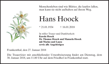 Traueranzeige von Hans Hoock von Mannheimer Morgen / Schwetzinger Zeitung