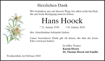 Traueranzeige von Hans Hoock von Mannheimer Morgen / Schwetzinger Zeitung