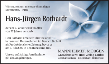 Traueranzeige von Hans-Jürgen Rothardt von Mannheimer Morgen / Schwetzinger Zeitung