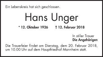 Traueranzeige von Hans Unger von Mannheimer Morgen