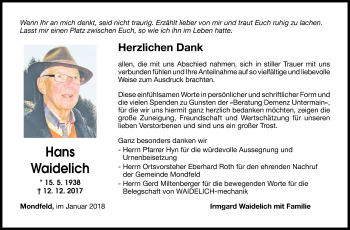 Traueranzeige von Hans Waidelich von Fränkische Nachrichten