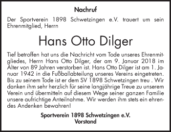 Traueranzeige von Hans Otto Dilger von Mannheimer Morgen / Schwetzinger Zeitung