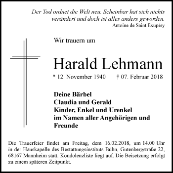 Traueranzeige von Harald Lehmann von Mannheimer Morgen