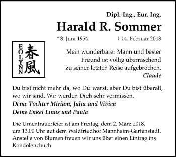 Traueranzeige von Harald Sommer von Mannheimer Morgen