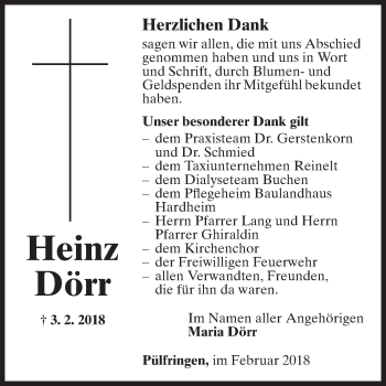 Traueranzeige von Heinz Dörr von Fränkische Nachrichten