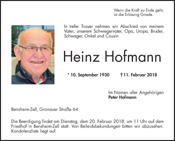 Traueranzeige von Heinz Hofmann von Bergsträßer Anzeiger