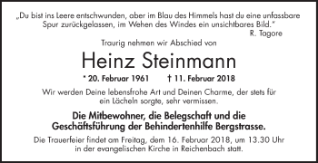 Traueranzeige von Heinz Steinmann von Bergsträßer Anzeiger