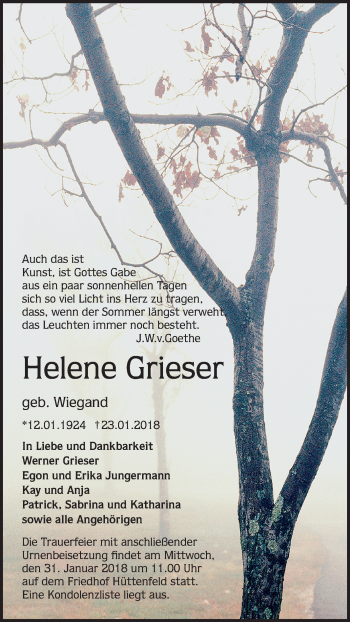 Traueranzeige von Helene Grieser von Mannheimer Morgen / Schwetzinger Zeitung