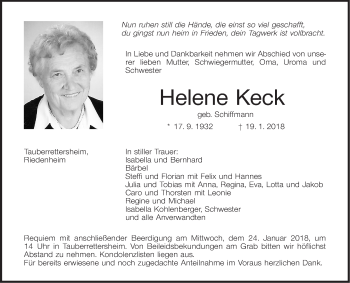 Traueranzeige von Helene Keck von Fränkische Nachrichten