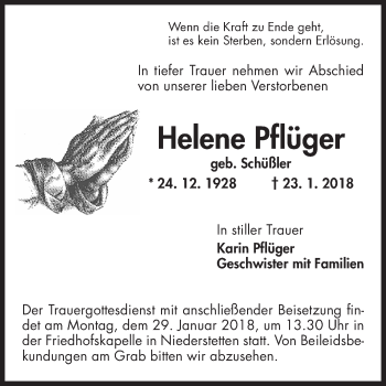 Traueranzeige von Helene Pflüger von Fränkische Nachrichten