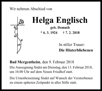 Traueranzeige von Helga Englisch von Fränkische Nachrichten