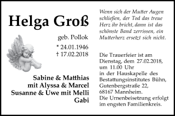 Traueranzeige von Helga Groß von Mannheimer Morgen