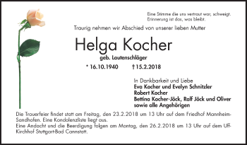 Traueranzeige von Helga Kocher von Mannheimer Morgen